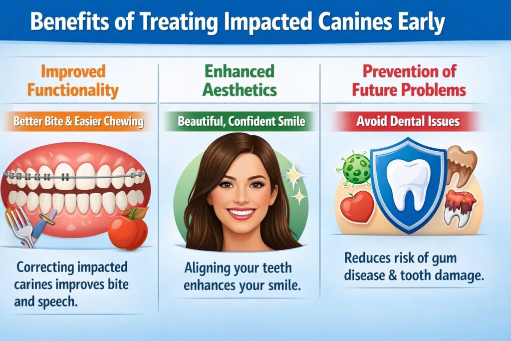 Infographic showing benefits of treating impacted canines early including improved bite, enhanced smile aesthetics, and prevention of future dental problems in Spokane Valley